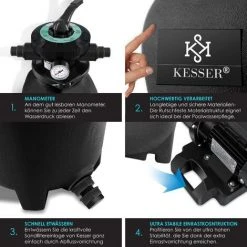 KESSER® Système De Filtre à Sable + 700 G De Billes Filtrantes Remplacent 25 Kg Filtre à Sable Vanne 7 Voies Avec Indicateur De Pression Filtre De Piscine 10 M³/h Système De Filtre Cuve De Filtre Pour Piscine Piscine 10200L/h, Le Noir -Pompe et filtre de piscine Soldes 54289506 5