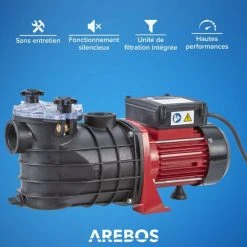 AREBOS Pompe De Filtration Pour Piscine 11.000l/h | Filtre à Sable | 600W | Fonctionnement Silencieux | Sans Entretien - Noir / Rouge -Pompe et filtre de piscine Soldes 56096355 5